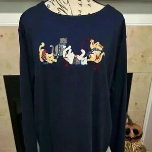 Bechamel Womens Cats Playing with Yarn Top. Navy. 100%  Cotton. Preowned. XL.
